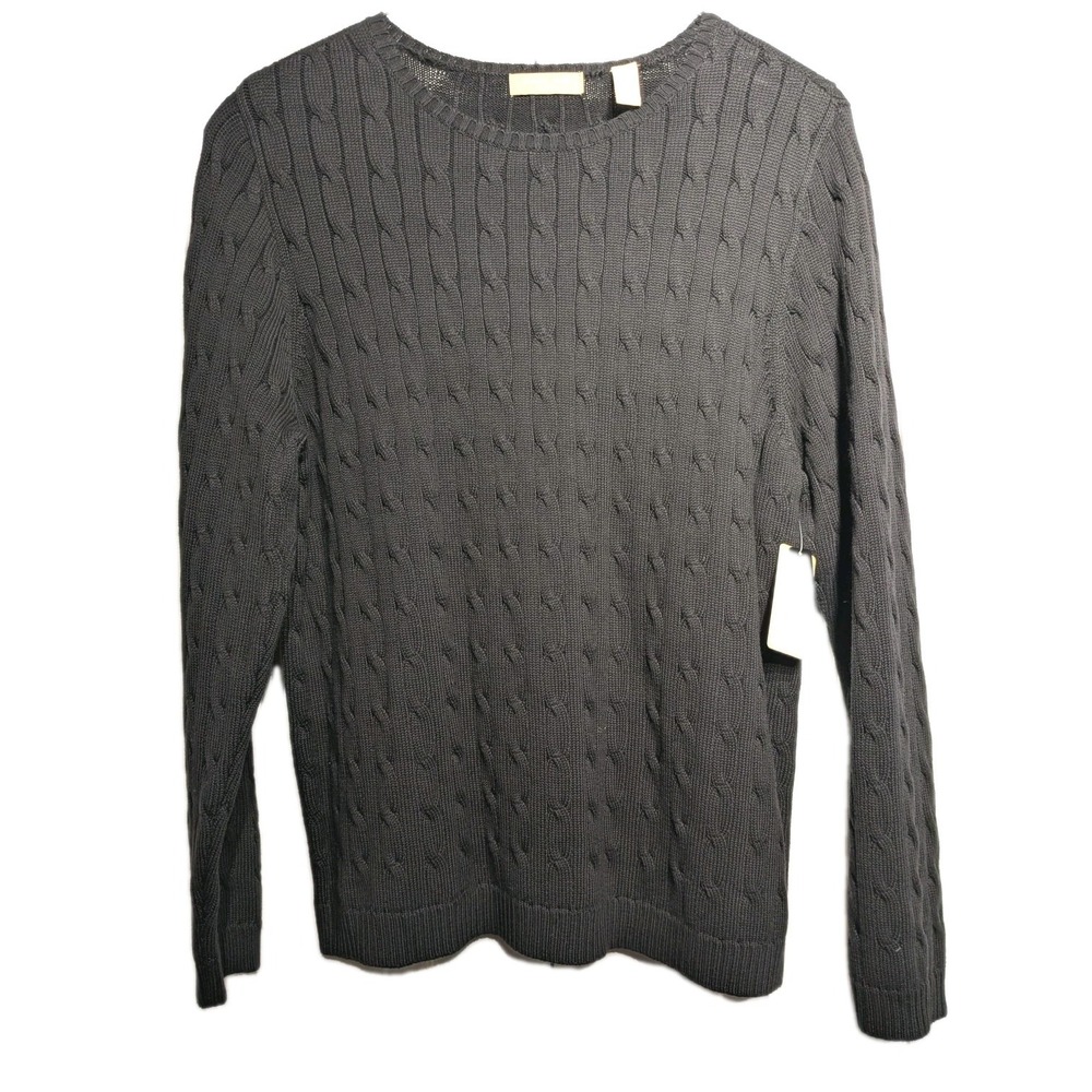 Kate Hill Sweater Womens 1X Jet Black Pima Cotton Cable Knit Crew Neck Soft NWT